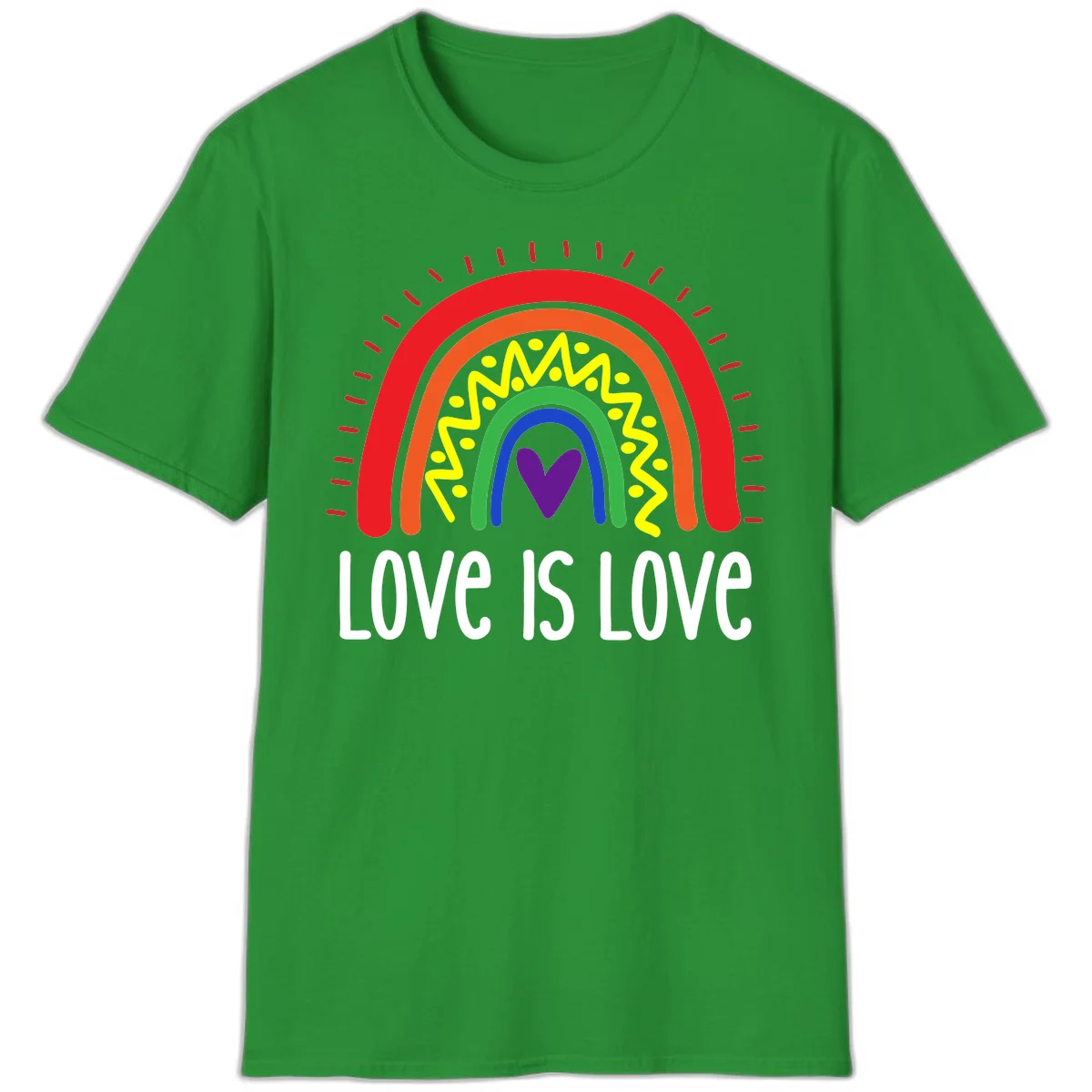 Colorful concentric rainbow arcs with purple heart center, yellow lightning and dots, red rays, and 'Love Is Love' text in Irish Green
