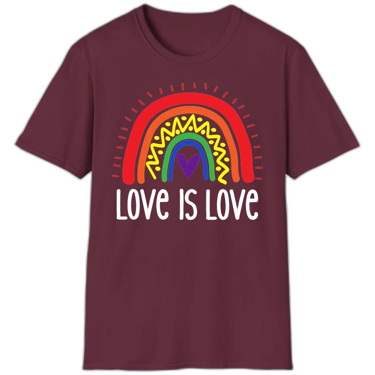 Colorful concentric rainbow arcs with purple heart center, yellow lightning and dots, red rays, and 'Love Is Love' text in Maroon