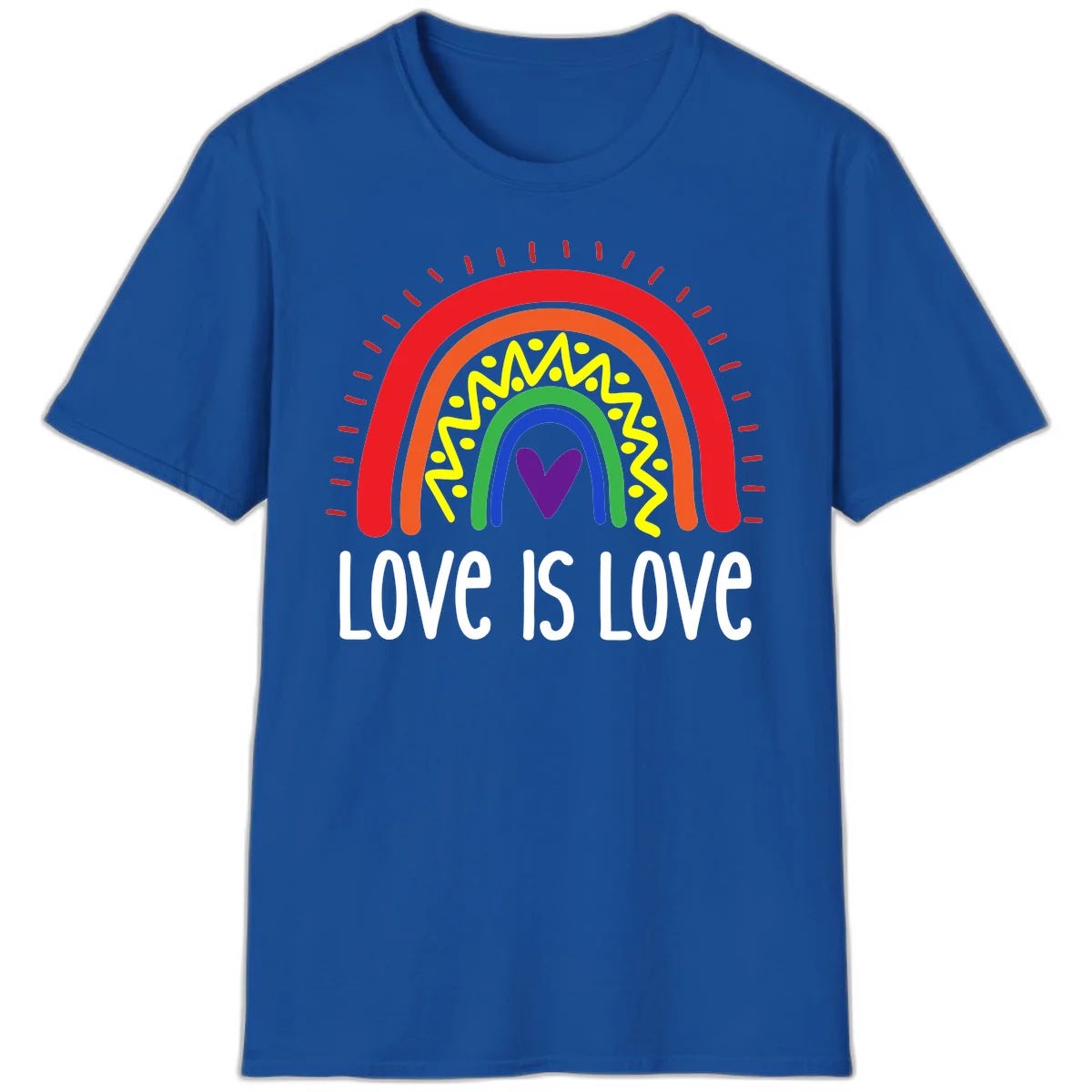 Colorful concentric rainbow arcs with purple heart center, yellow lightning and dots, red rays, and 'Love Is Love' text in Royal