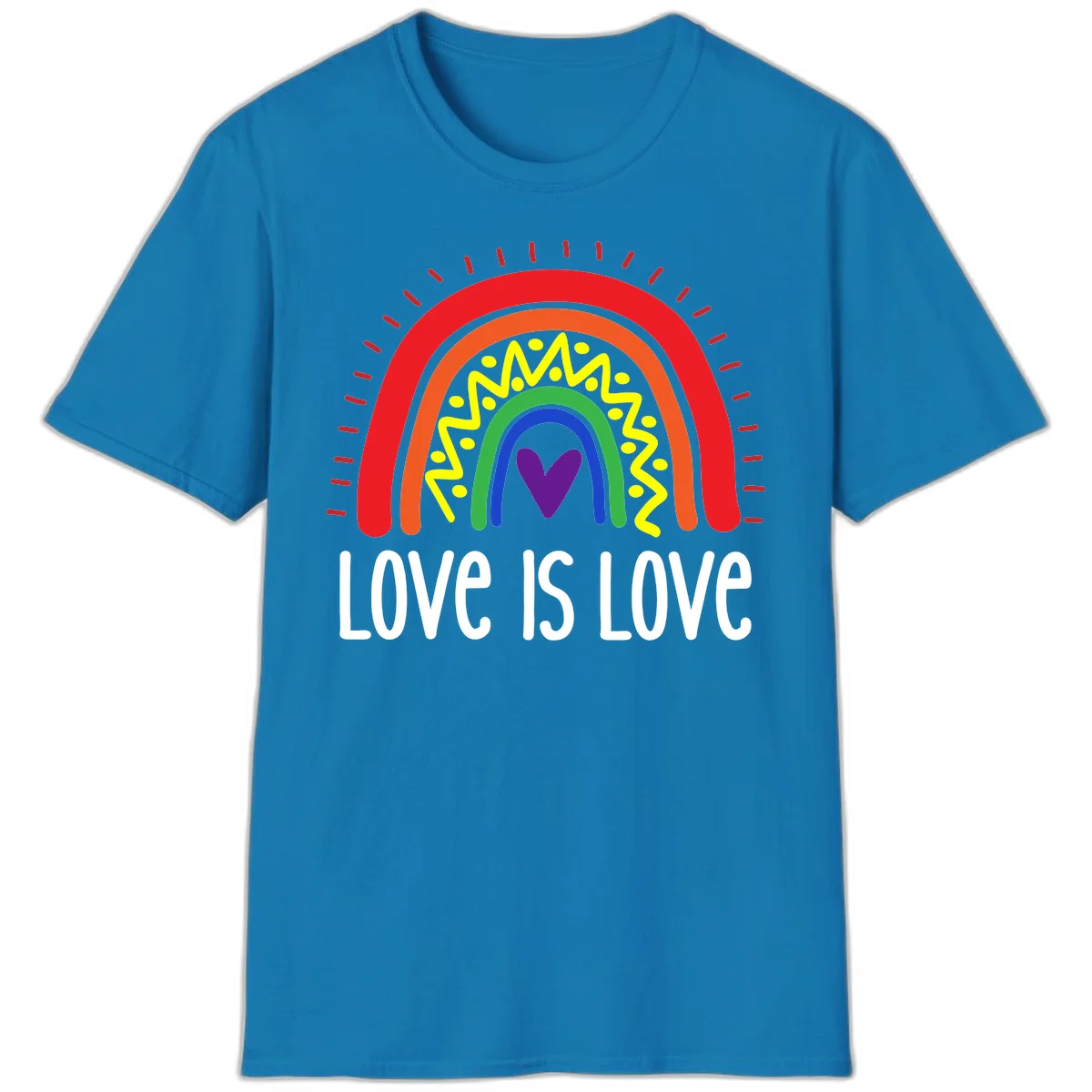 Colorful concentric rainbow arcs with purple heart center, yellow lightning and dots, red rays, and 'Love Is Love' text in Sapphire