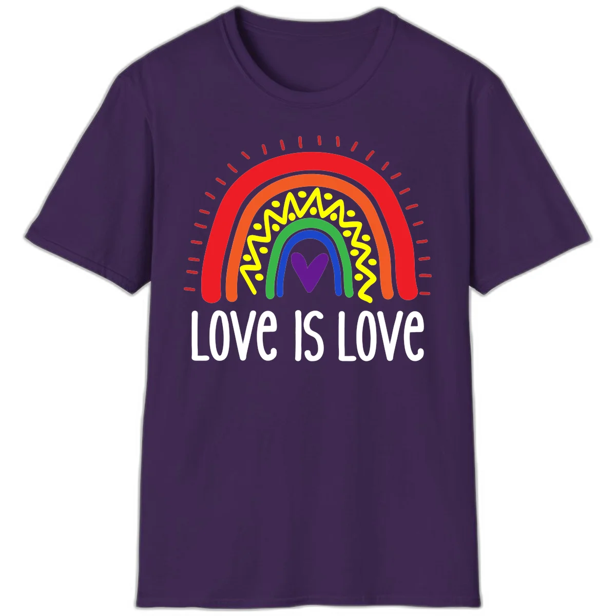 Colorful concentric rainbow arcs with purple heart center, yellow lightning and dots, red rays, and 'Love Is Love' text in Purple
