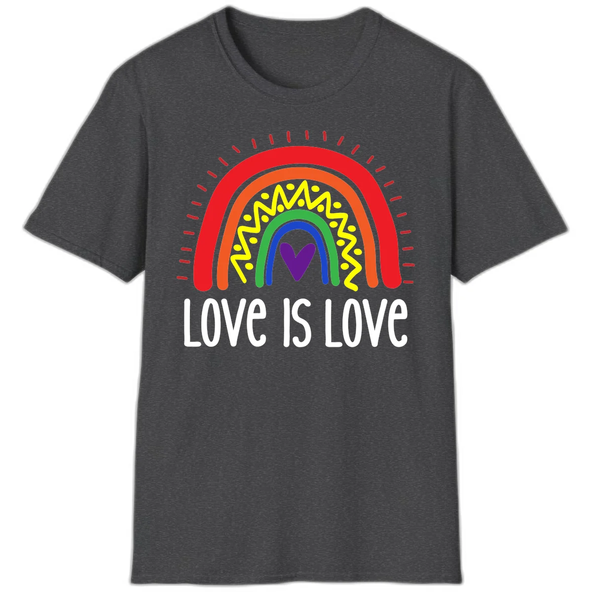 Colorful concentric rainbow arcs with purple heart center, yellow lightning and dots, red rays, and 'Love Is Love' text in Dark Heather