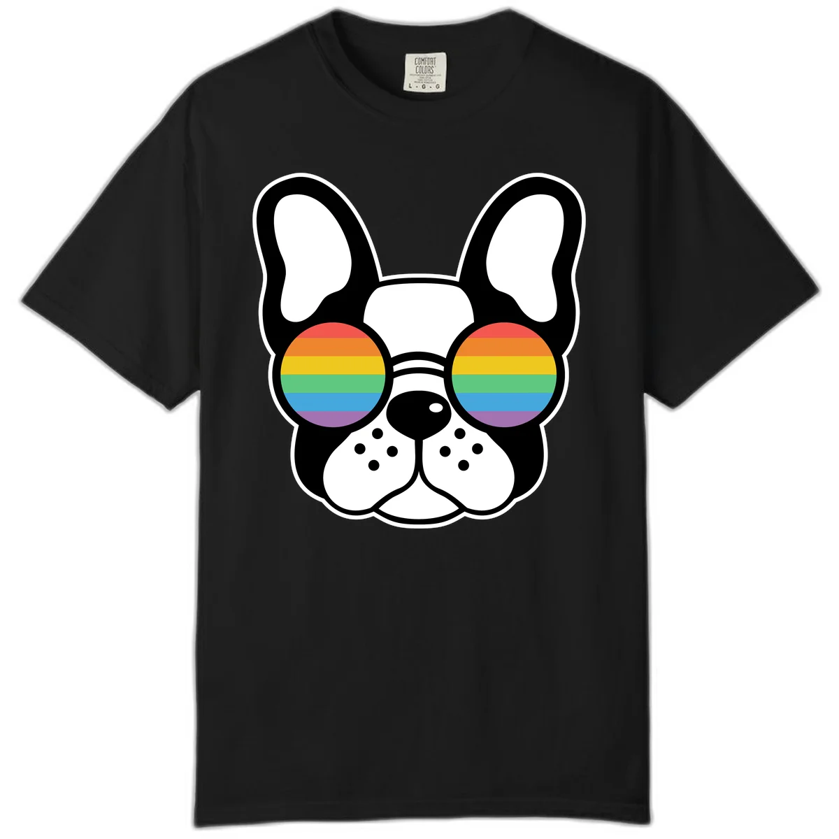 Black and white French Bulldog wearing round sunglasses with rainbow pride flag stripes in red, orange, yellow, green, blue, and purple. in Black