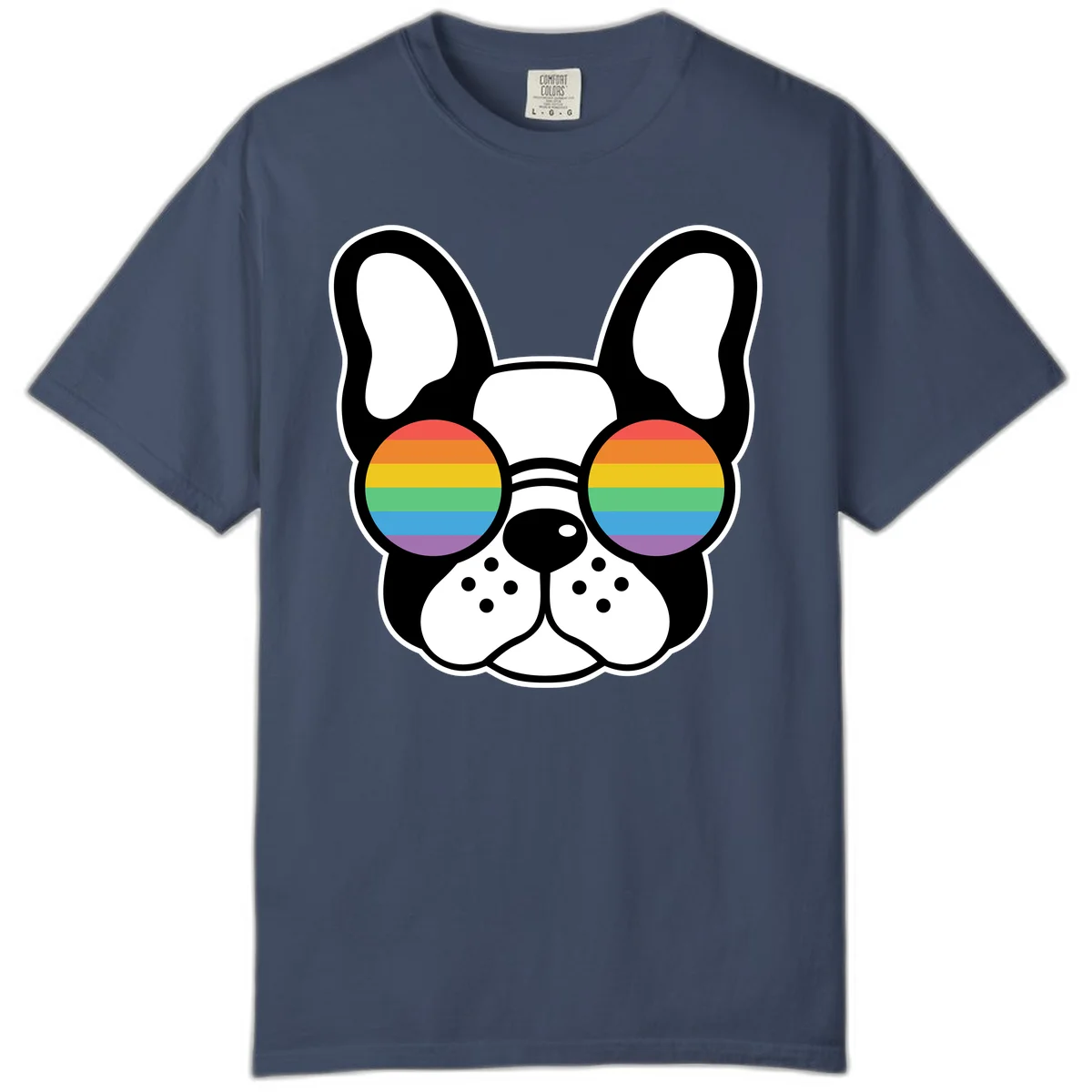 Black and white French Bulldog wearing round sunglasses with rainbow pride flag stripes in red, orange, yellow, green, blue, and purple. in Midnight