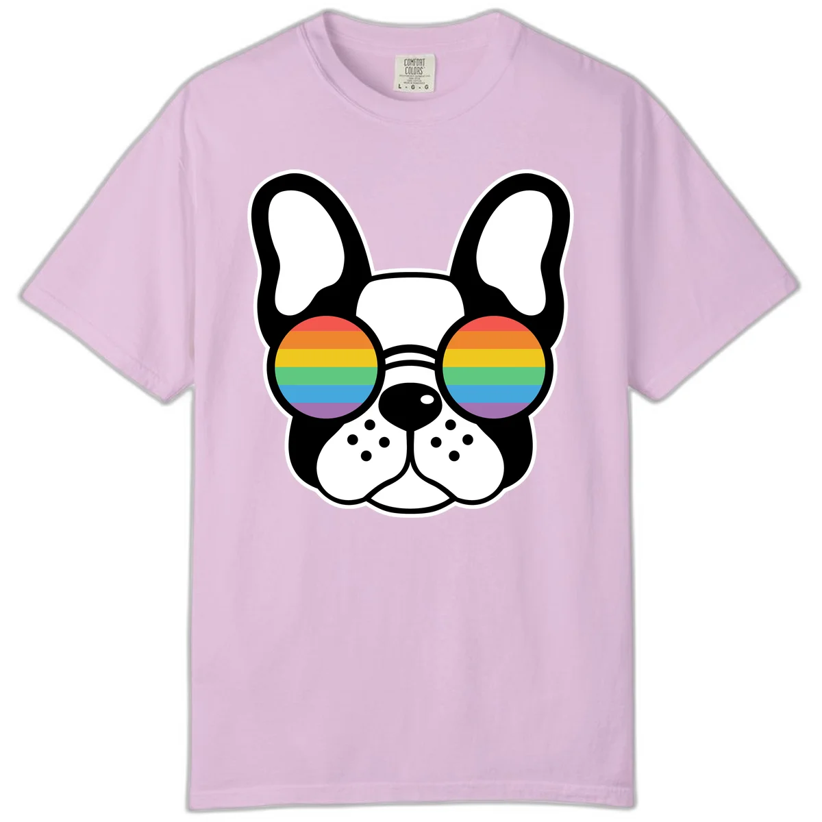Black and white French Bulldog wearing round sunglasses with rainbow pride flag stripes in red, orange, yellow, green, blue, and purple. in Orchid