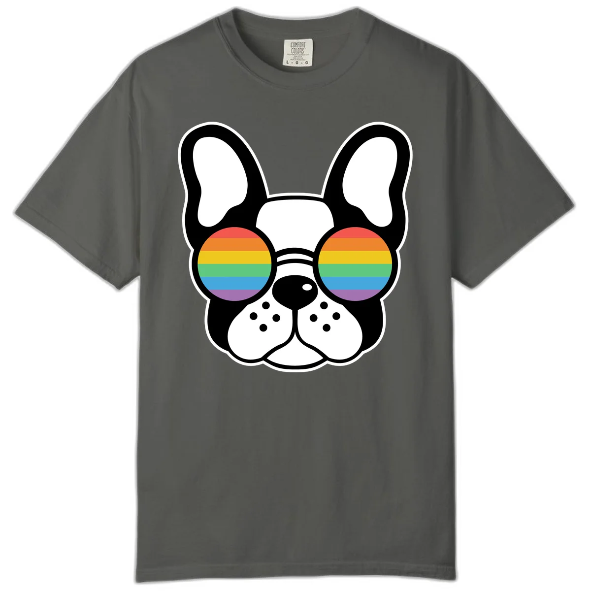Black and white French Bulldog wearing round sunglasses with rainbow pride flag stripes in red, orange, yellow, green, blue, and purple. in Pepper