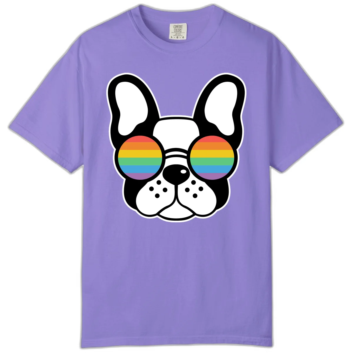 Black and white French Bulldog wearing round sunglasses with rainbow pride flag stripes in red, orange, yellow, green, blue, and purple. in Violet