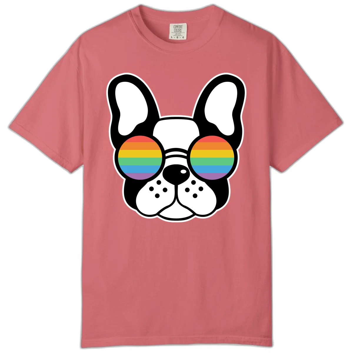 Black and white French Bulldog wearing round sunglasses with rainbow pride flag stripes in red, orange, yellow, green, blue, and purple. in Watermelon