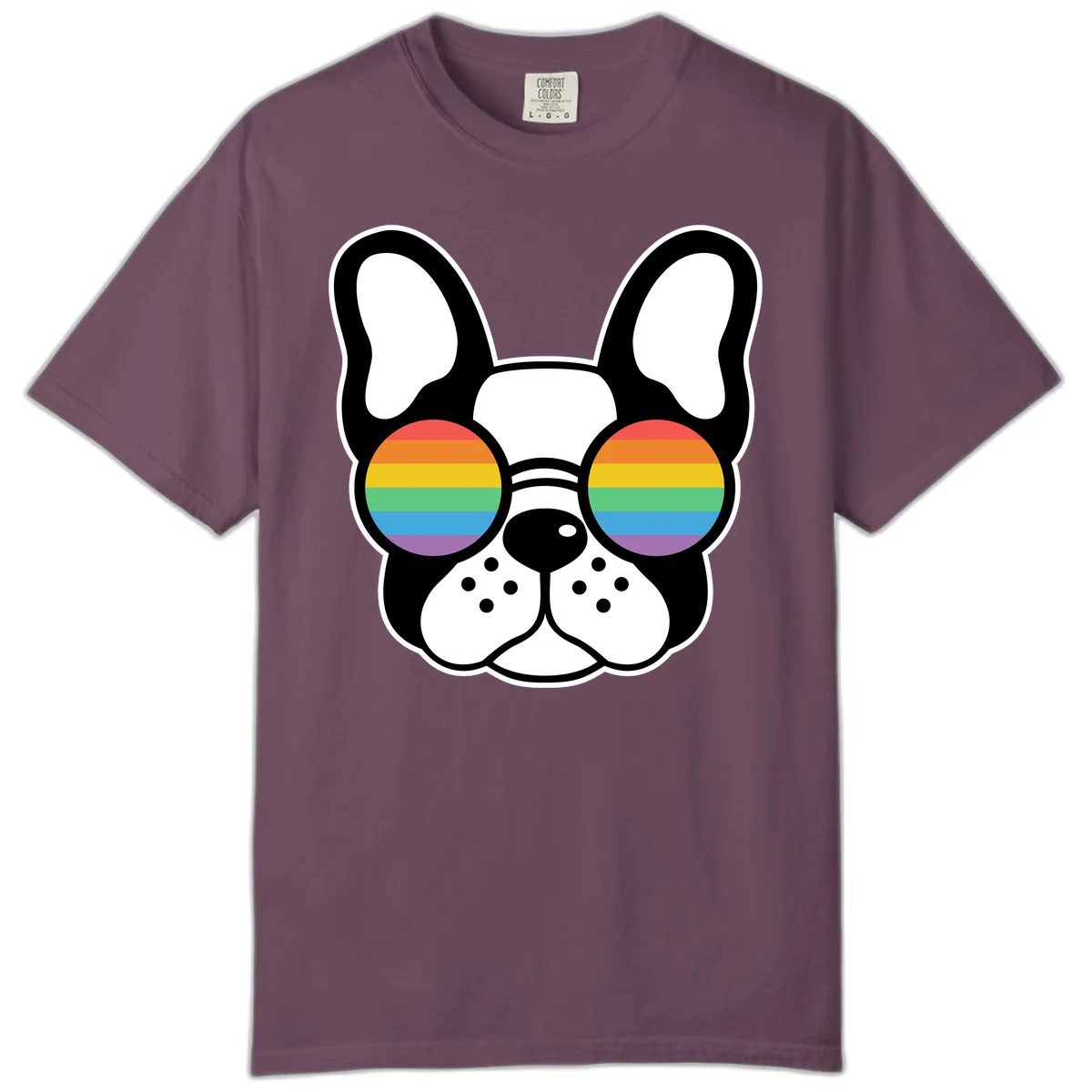 Black and white French Bulldog wearing round sunglasses with rainbow pride flag stripes in red, orange, yellow, green, blue, and purple. in Berry
