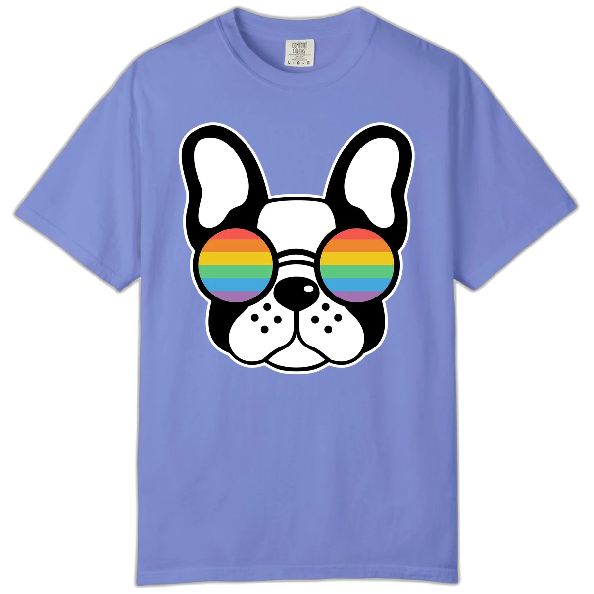 Black and white French Bulldog wearing round sunglasses with rainbow pride flag stripes in red, orange, yellow, green, blue, and purple. in Flo Blue