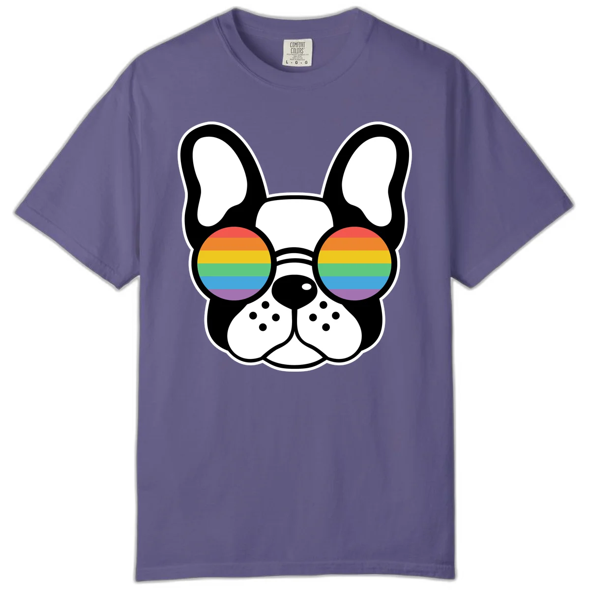 Black and white French Bulldog wearing round sunglasses with rainbow pride flag stripes in red, orange, yellow, green, blue, and purple. in Grape