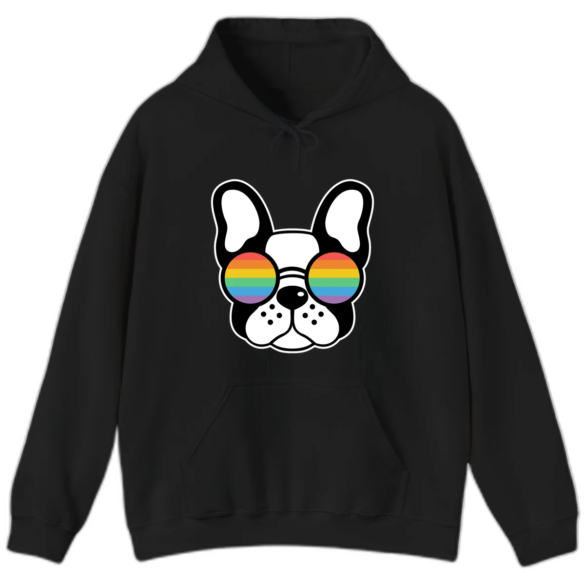 Black and white French Bulldog wearing round sunglasses with rainbow pride flag stripes in red, orange, yellow, green, blue, and purple. in Black