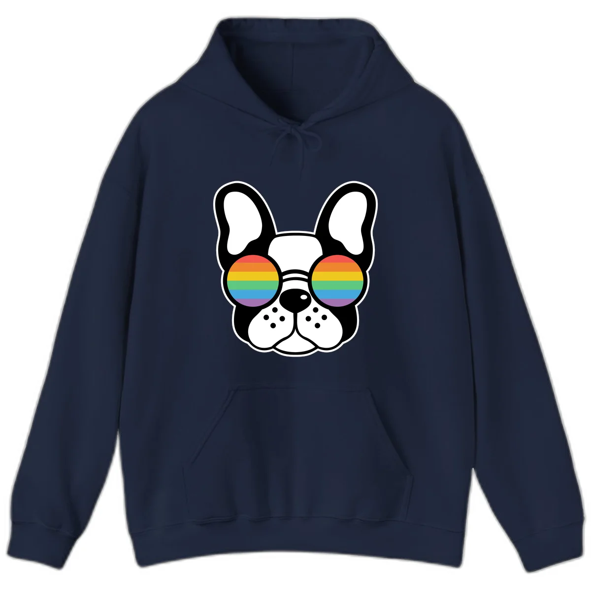 Black and white French Bulldog wearing round sunglasses with rainbow pride flag stripes in red, orange, yellow, green, blue, and purple. in Navy