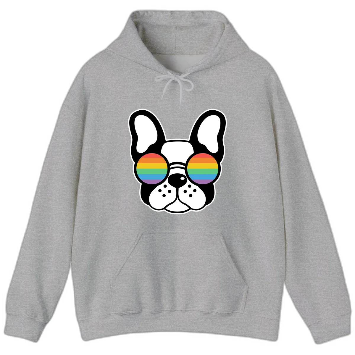 Black and white French Bulldog wearing round sunglasses with rainbow pride flag stripes in red, orange, yellow, green, blue, and purple. in Sport Grey