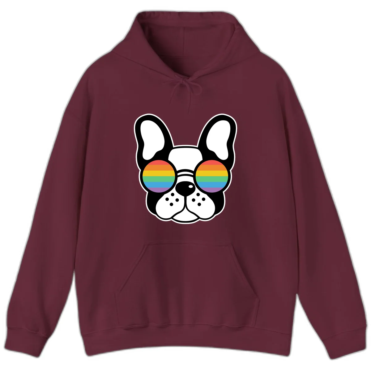 Black and white French Bulldog wearing round sunglasses with rainbow pride flag stripes in red, orange, yellow, green, blue, and purple. in Maroon