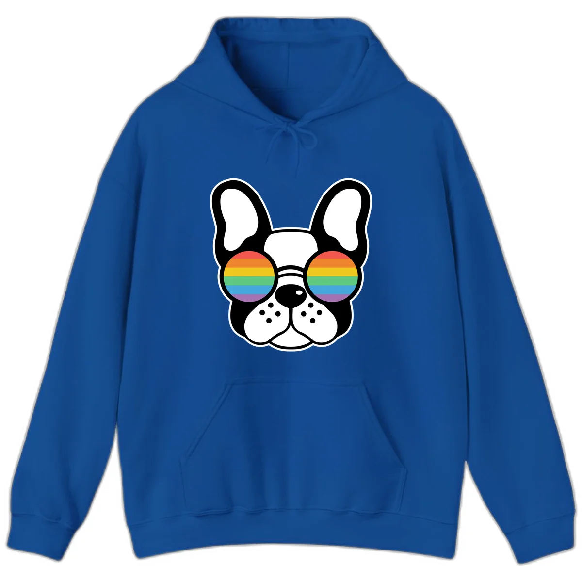 Black and white French Bulldog wearing round sunglasses with rainbow pride flag stripes in red, orange, yellow, green, blue, and purple. in Royal