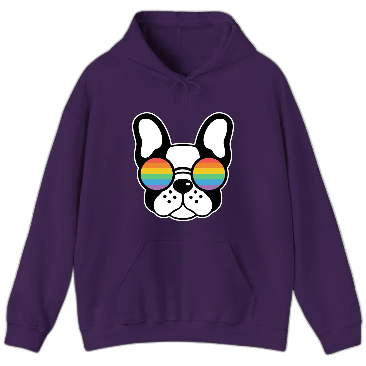 Black and white French Bulldog wearing round sunglasses with rainbow pride flag stripes in red, orange, yellow, green, blue, and purple. in Purple