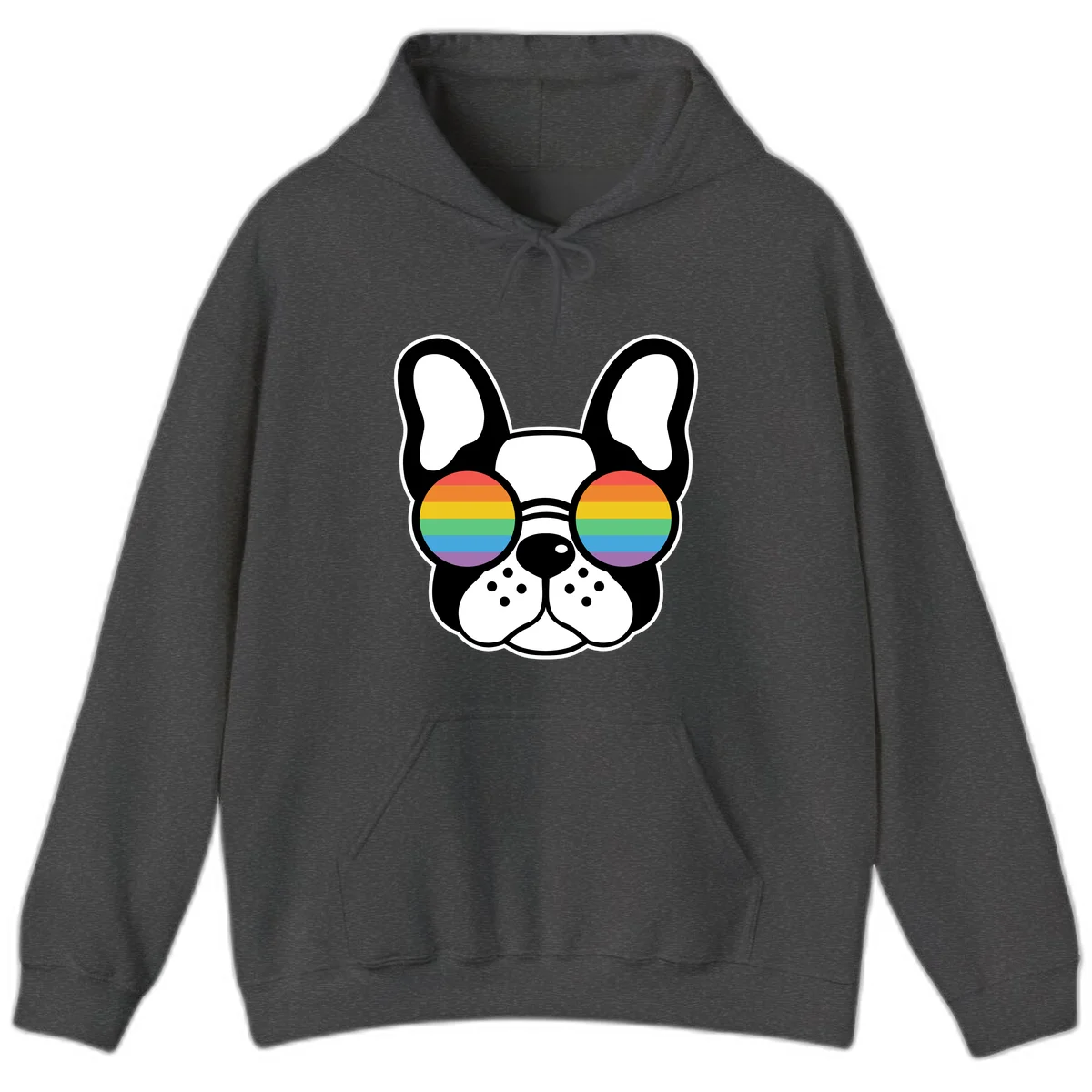 Black and white French Bulldog wearing round sunglasses with rainbow pride flag stripes in red, orange, yellow, green, blue, and purple. in Dark Heather