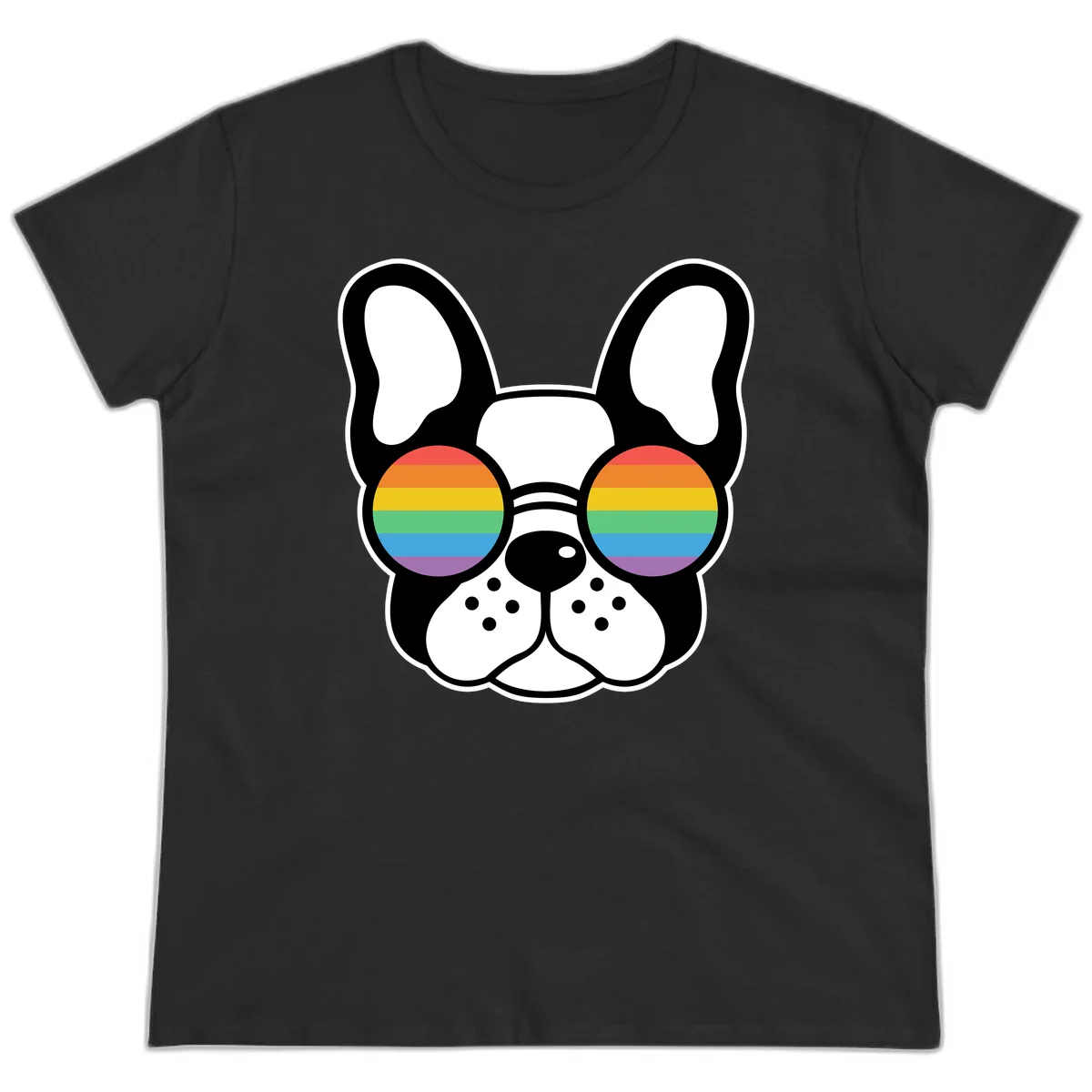 Black and white French Bulldog wearing round sunglasses with rainbow pride flag stripes in red, orange, yellow, green, blue, and purple. in Black