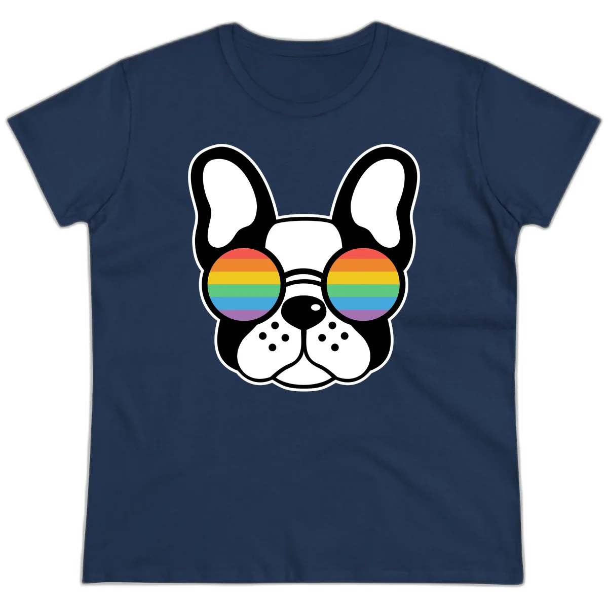 Black and white French Bulldog wearing round sunglasses with rainbow pride flag stripes in red, orange, yellow, green, blue, and purple. in Navy