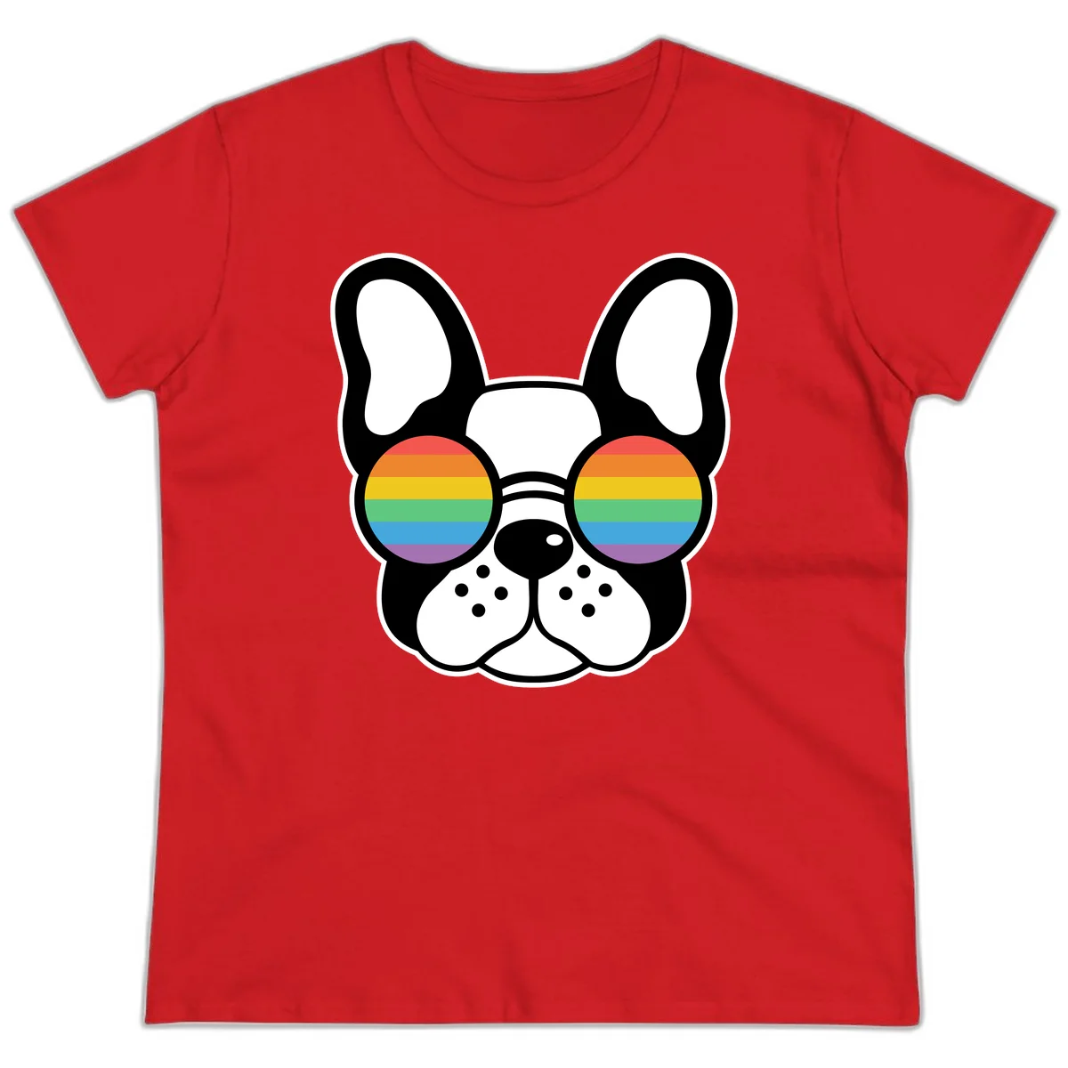 Black and white French Bulldog wearing round sunglasses with rainbow pride flag stripes in red, orange, yellow, green, blue, and purple. in Red