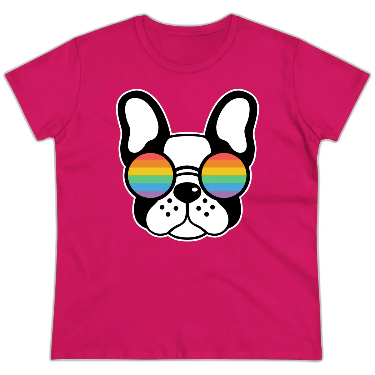 Black and white French Bulldog wearing round sunglasses with rainbow pride flag stripes in red, orange, yellow, green, blue, and purple. in Heliconia