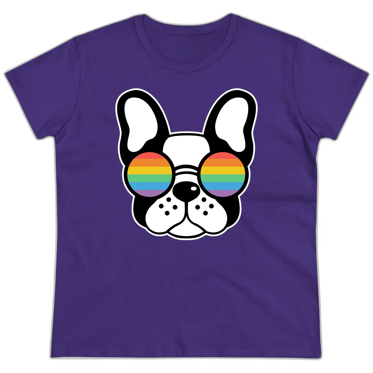 Black and white French Bulldog wearing round sunglasses with rainbow pride flag stripes in red, orange, yellow, green, blue, and purple. in Purple