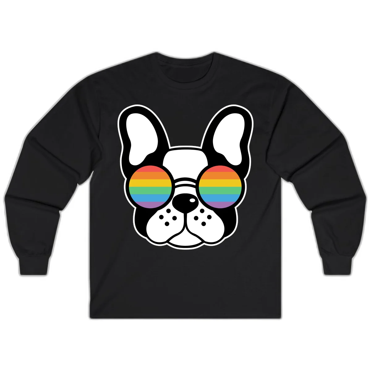 Black and white French Bulldog wearing round sunglasses with rainbow pride flag stripes in red, orange, yellow, green, blue, and purple. in Black