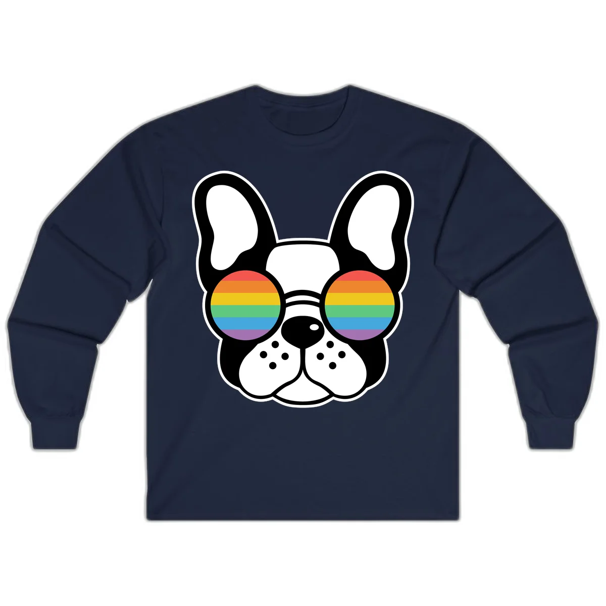 Black and white French Bulldog wearing round sunglasses with rainbow pride flag stripes in red, orange, yellow, green, blue, and purple. in Navy
