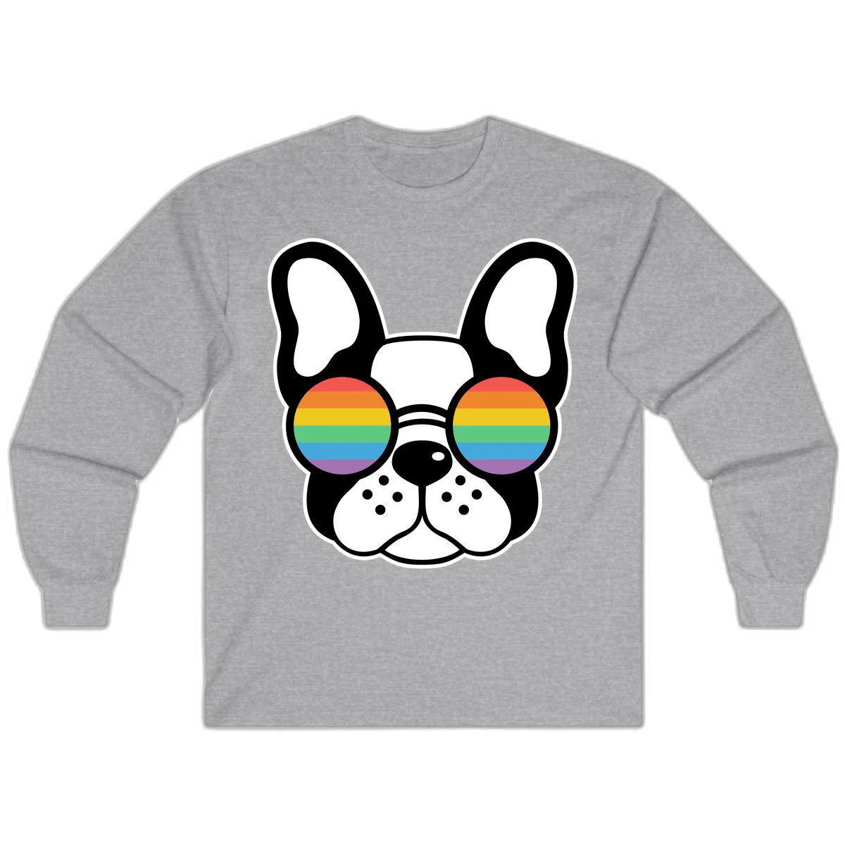 Black and white French Bulldog wearing round sunglasses with rainbow pride flag stripes in red, orange, yellow, green, blue, and purple. in Sport Grey