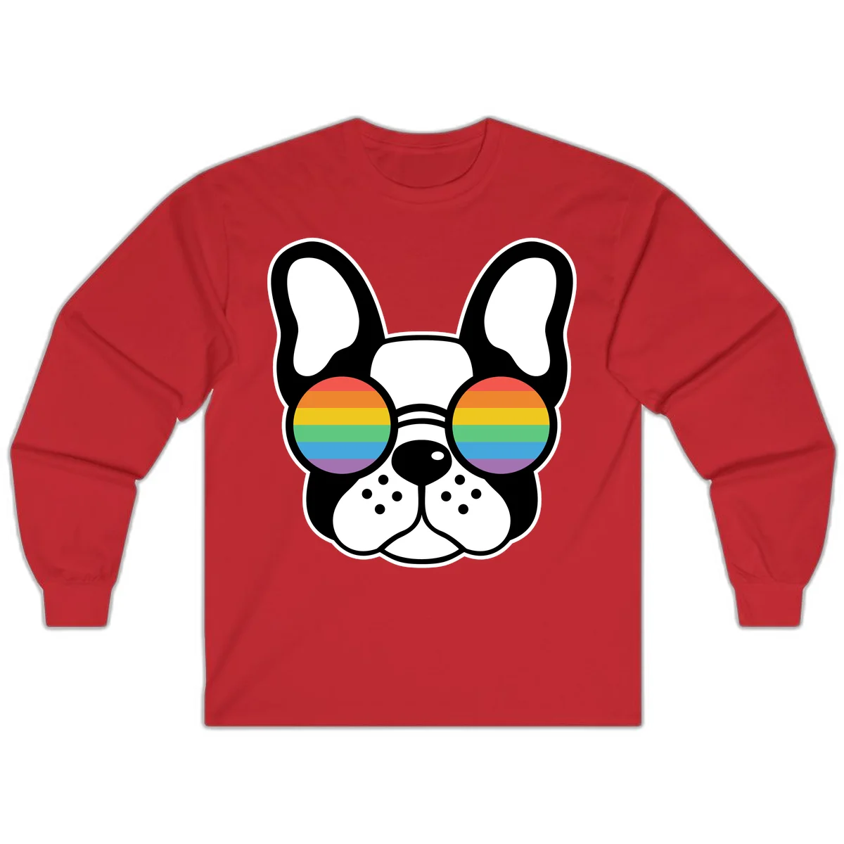 Black and white French Bulldog wearing round sunglasses with rainbow pride flag stripes in red, orange, yellow, green, blue, and purple. in Red