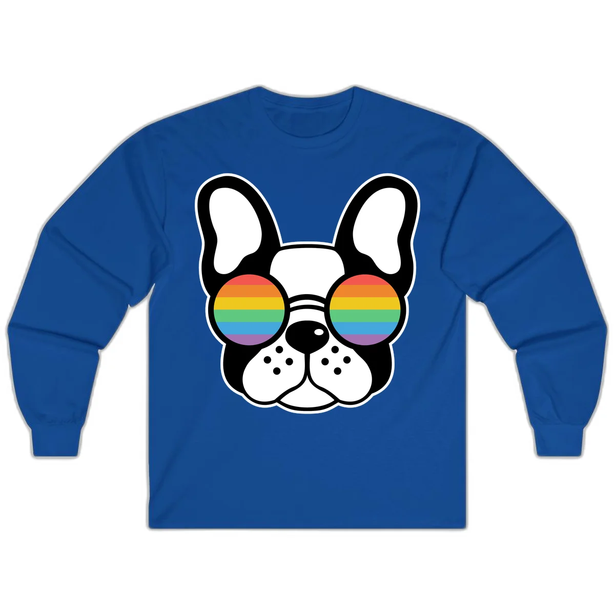 Black and white French Bulldog wearing round sunglasses with rainbow pride flag stripes in red, orange, yellow, green, blue, and purple. in Royal