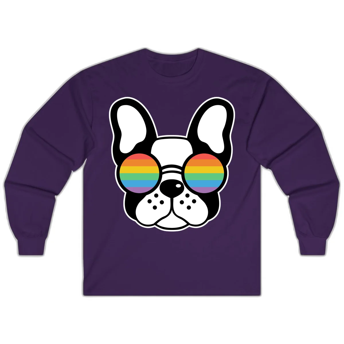 Black and white French Bulldog wearing round sunglasses with rainbow pride flag stripes in red, orange, yellow, green, blue, and purple. in Purple