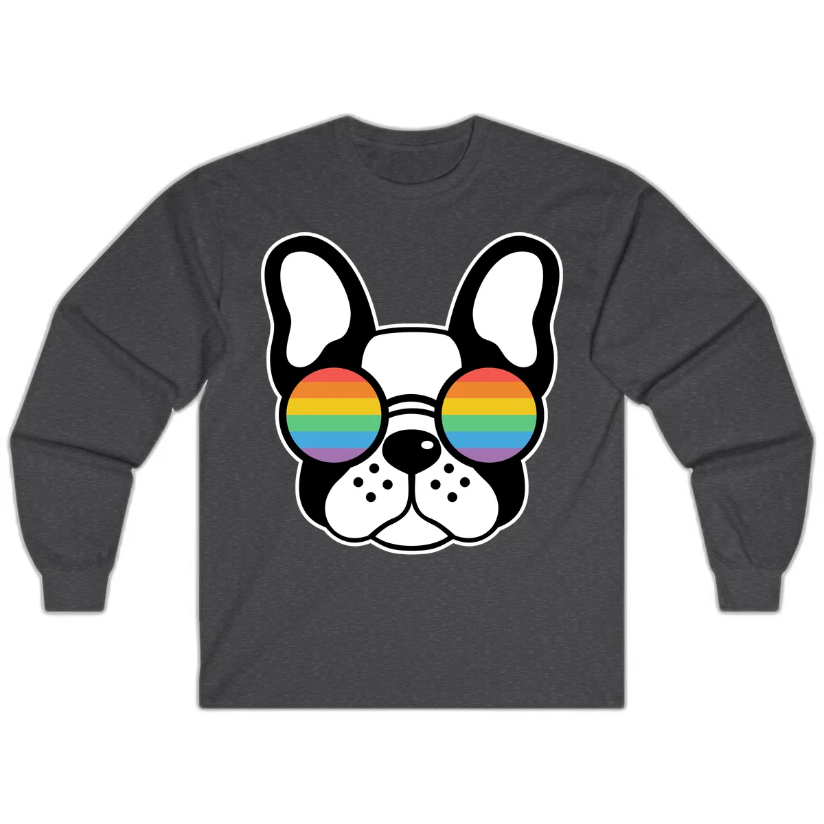 Black and white French Bulldog wearing round sunglasses with rainbow pride flag stripes in red, orange, yellow, green, blue, and purple. in Dark Heather