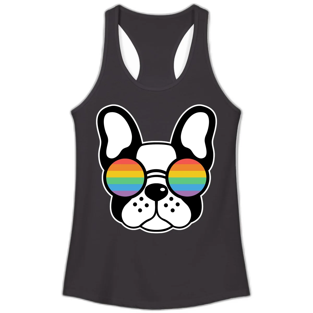 Black and white French Bulldog wearing round sunglasses with rainbow pride flag stripes in red, orange, yellow, green, blue, and purple. in Black