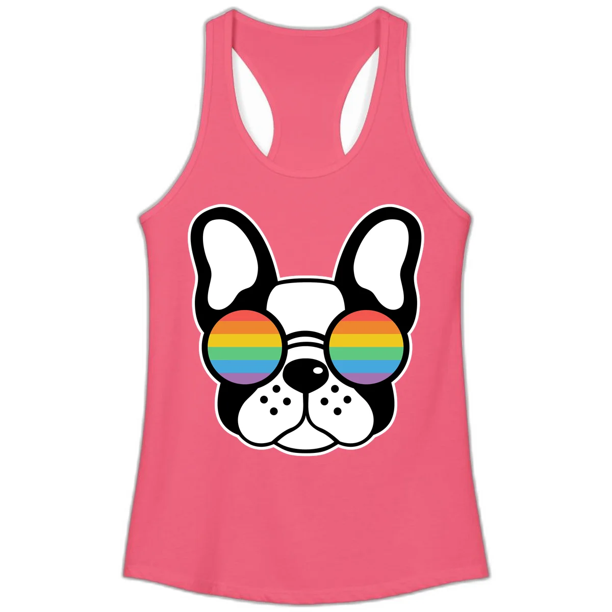 Black and white French Bulldog wearing round sunglasses with rainbow pride flag stripes in red, orange, yellow, green, blue, and purple. in Hot Pink