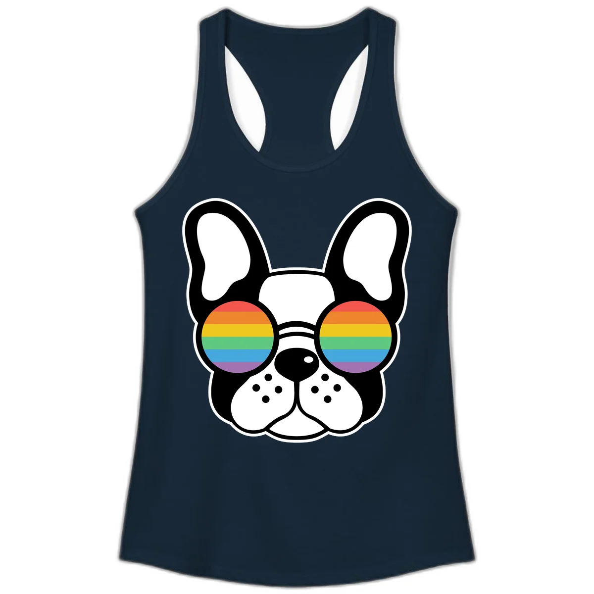Black and white French Bulldog wearing round sunglasses with rainbow pride flag stripes in red, orange, yellow, green, blue, and purple. in Solid Midnight Navy