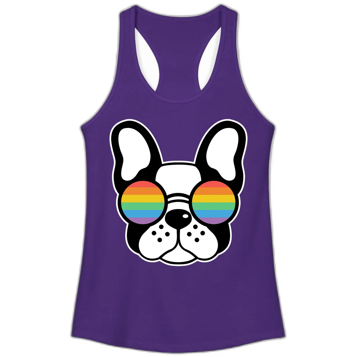 Black and white French Bulldog wearing round sunglasses with rainbow pride flag stripes in red, orange, yellow, green, blue, and purple. in Solid Purple Rush
