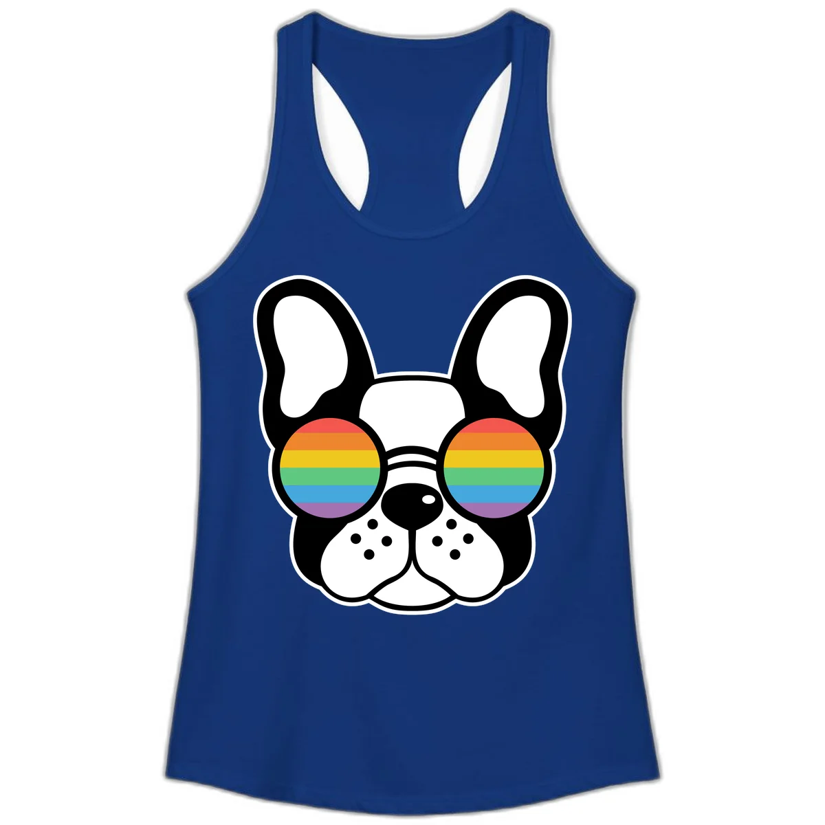 Black and white French Bulldog wearing round sunglasses with rainbow pride flag stripes in red, orange, yellow, green, blue, and purple. in Solid Royal