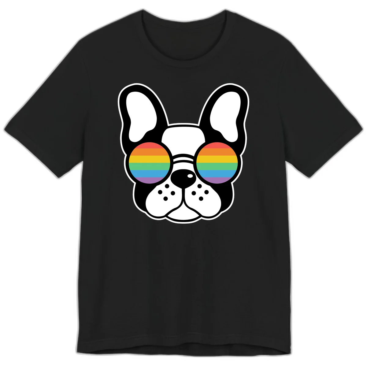 Black and white French Bulldog wearing round sunglasses with rainbow pride flag stripes in red, orange, yellow, green, blue, and purple. in Black