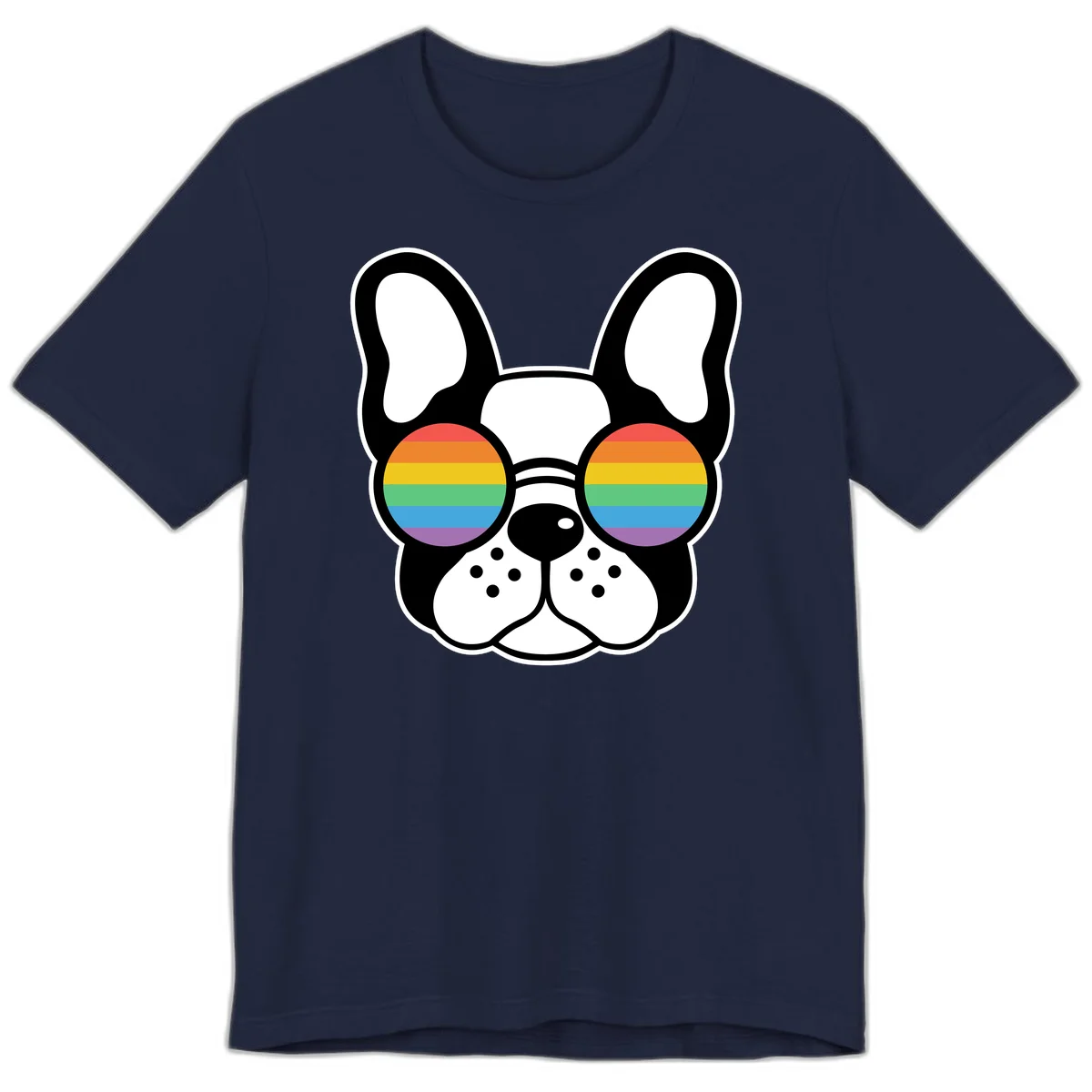 Black and white French Bulldog wearing round sunglasses with rainbow pride flag stripes in red, orange, yellow, green, blue, and purple. in Navy