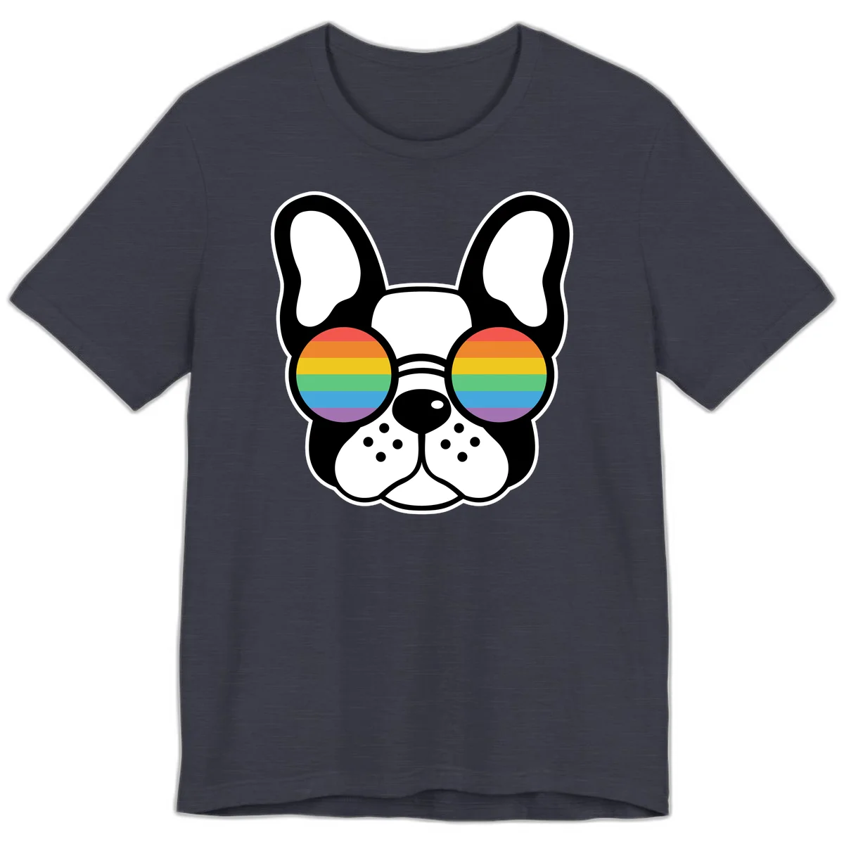 Black and white French Bulldog wearing round sunglasses with rainbow pride flag stripes in red, orange, yellow, green, blue, and purple. in Heather Midnight Navy