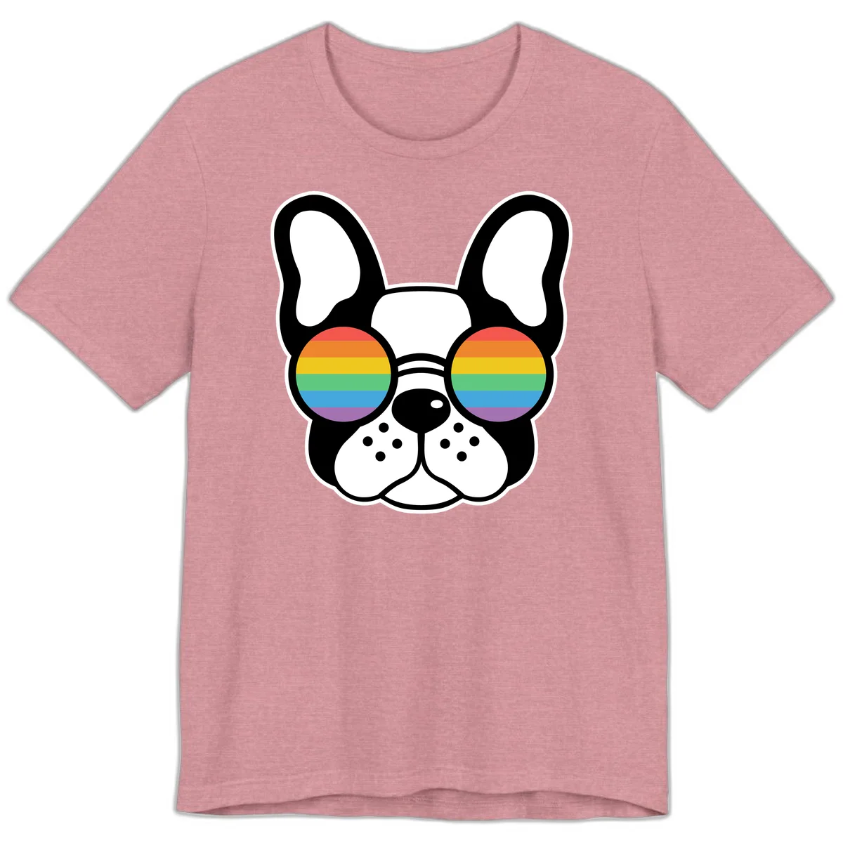 Black and white French Bulldog wearing round sunglasses with rainbow pride flag stripes in red, orange, yellow, green, blue, and purple. in Heather Orchid