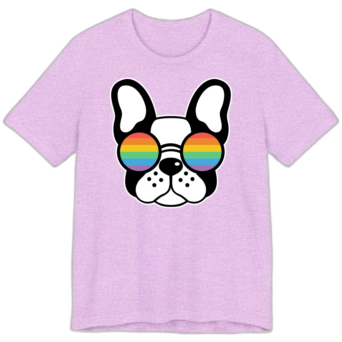 Black and white French Bulldog wearing round sunglasses with rainbow pride flag stripes in red, orange, yellow, green, blue, and purple. in Heather Prism Lilac