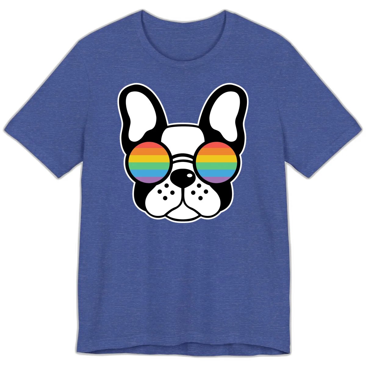 Black and white French Bulldog wearing round sunglasses with rainbow pride flag stripes in red, orange, yellow, green, blue, and purple. in Heather True Royal