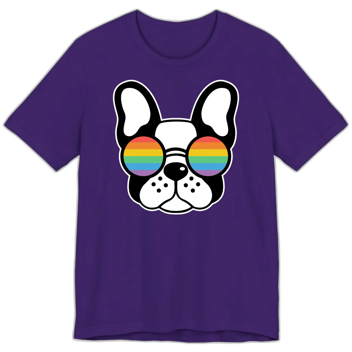 Black and white French Bulldog wearing round sunglasses with rainbow pride flag stripes in red, orange, yellow, green, blue, and purple. in Team Purple