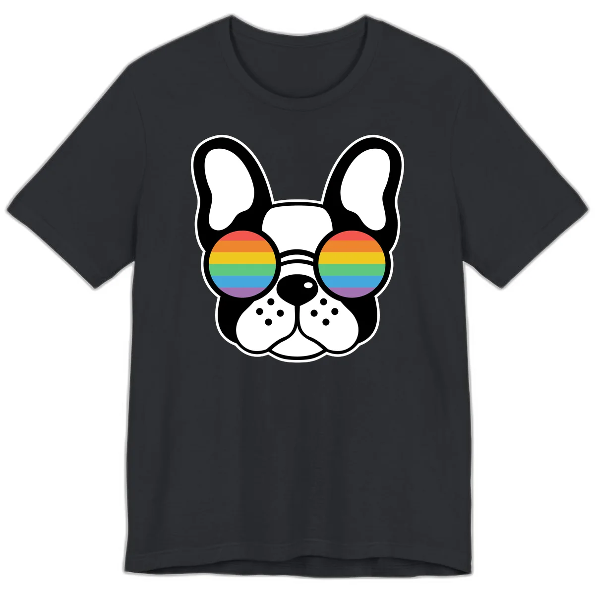 Black and white French Bulldog wearing round sunglasses with rainbow pride flag stripes in red, orange, yellow, green, blue, and purple. in Vintage Black