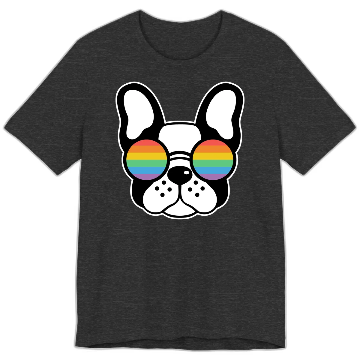 Black and white French Bulldog wearing round sunglasses with rainbow pride flag stripes in red, orange, yellow, green, blue, and purple. in Dark Grey Heather