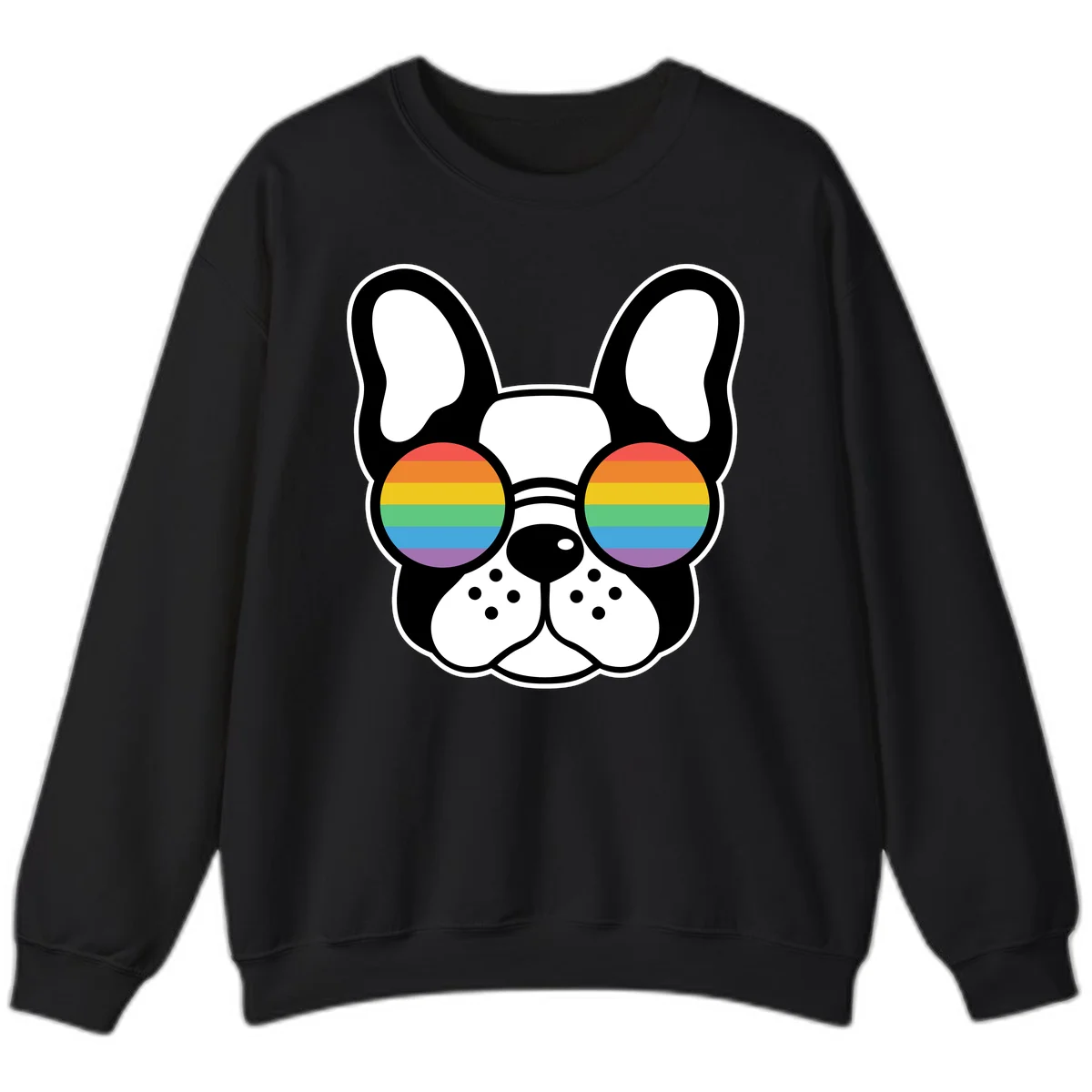 Black and white French Bulldog wearing round sunglasses with rainbow pride flag stripes in red, orange, yellow, green, blue, and purple. in Black