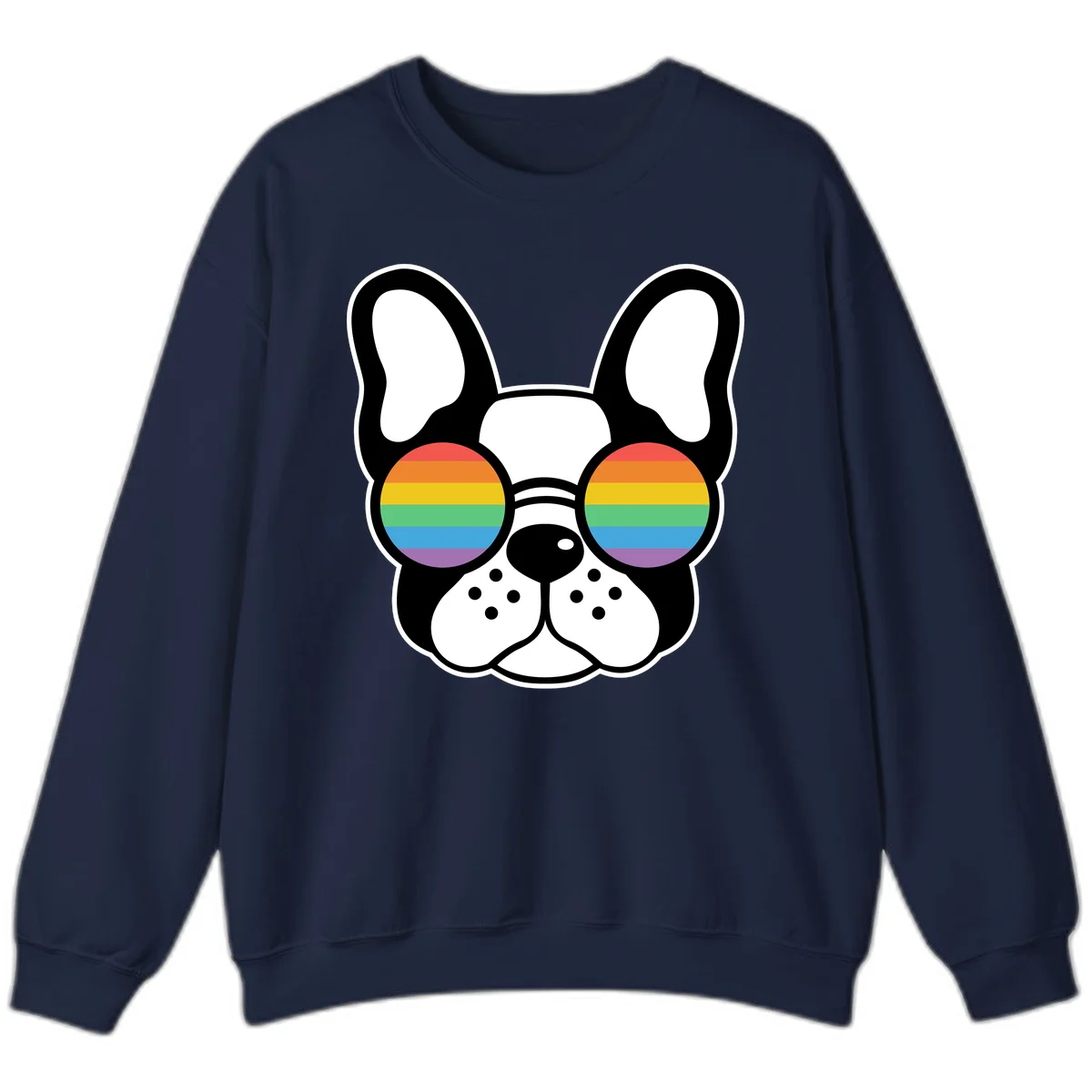 Black and white French Bulldog wearing round sunglasses with rainbow pride flag stripes in red, orange, yellow, green, blue, and purple. in Navy
